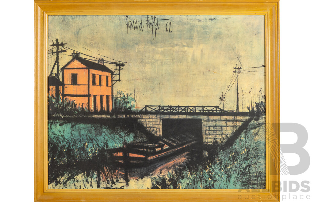 Bernard Buffett, (20th Century, French,1928-1999), Canal Boat & Tunnel (1962), Reproduction Vintage Print of Original Oil, 56 x 68 cm (frame)