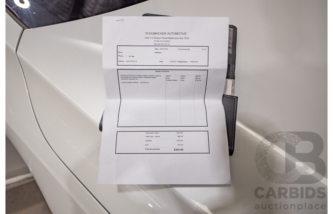 3/2017 Volvo XC90 D5 Inscription (AWD) 256 MY17 4D Wagon Crystal White Pearl Twin Turbo Diesel 2.0L - 7 seater