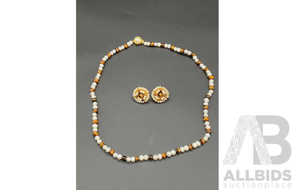 Freshwater Pearl and Tiger's Eye Beaded Necklace & Earring Set