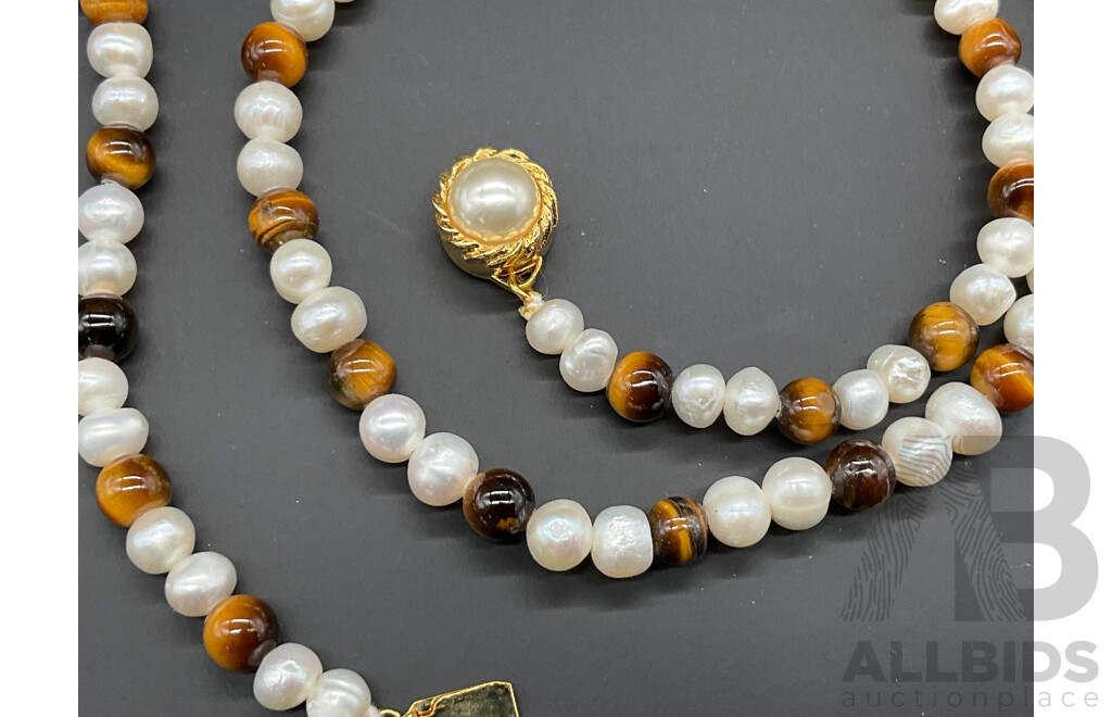 Freshwater Pearl and Tiger's Eye Beaded Necklace & Earring Set