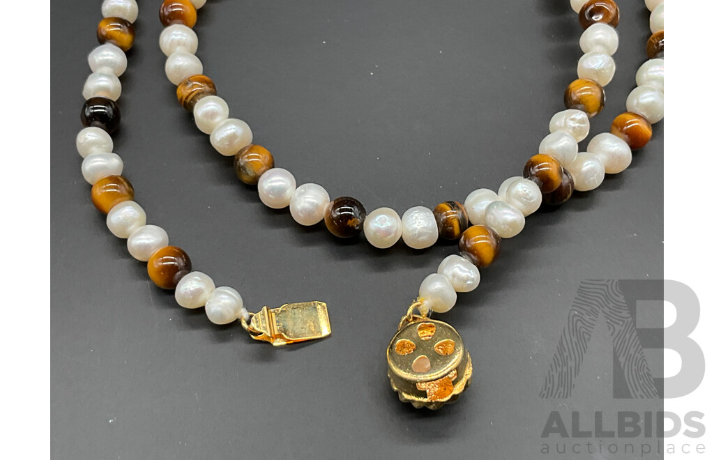 Freshwater Pearl and Tiger's Eye Beaded Necklace & Earring Set