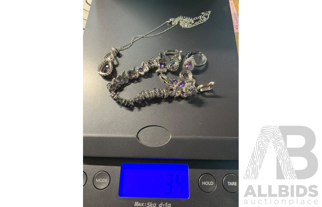 Amethyst Tone Necklace, Bracelet, Ring & Earring Set