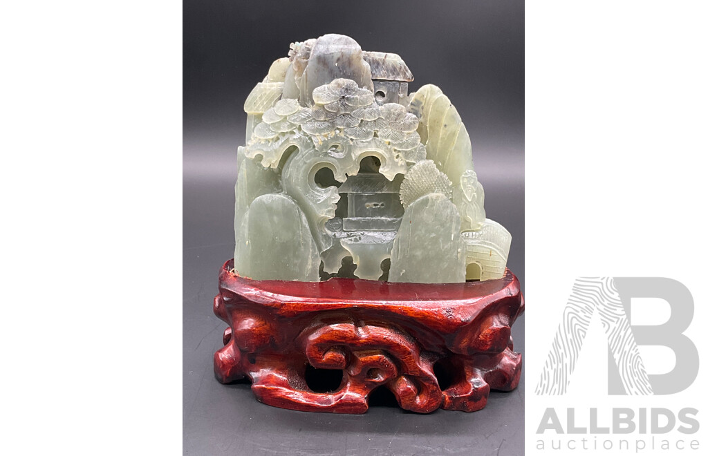 Chinese Hetian Jade Carved Landscape on Timber Stand with Certificate