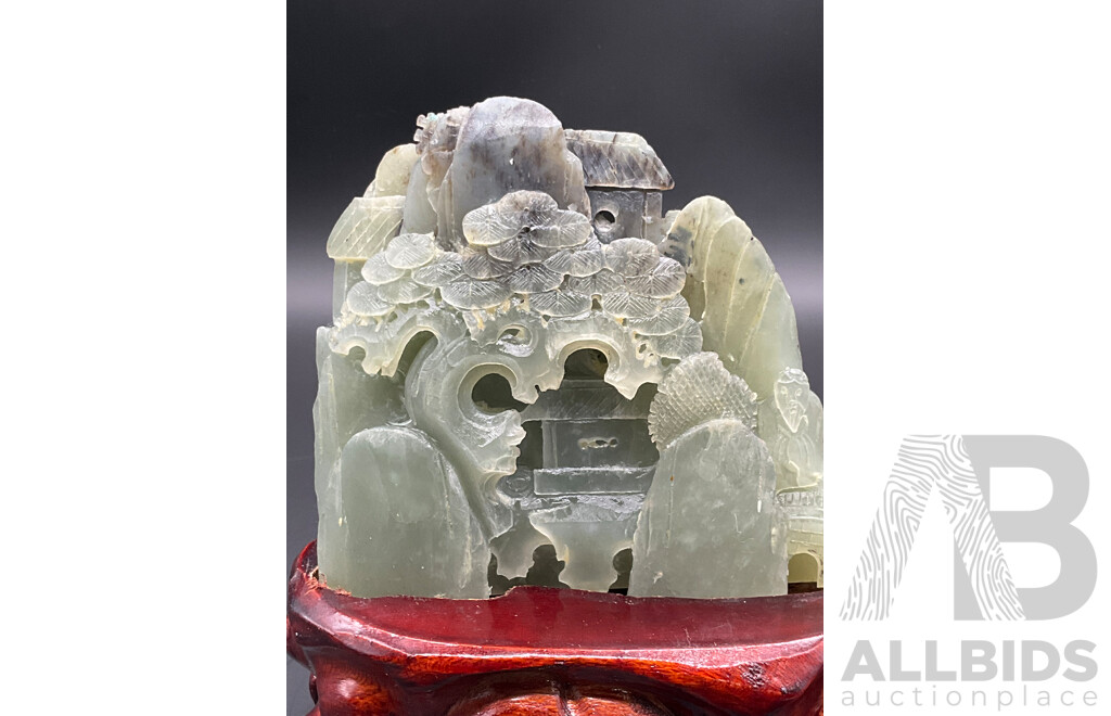 Chinese Hetian Jade Carved Landscape on Timber Stand with Certificate