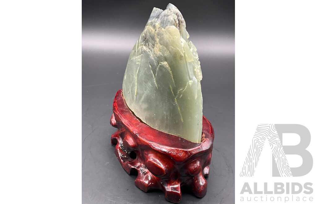 Chinese Hetian Jade Carved Landscape on Timber Stand with Certificate