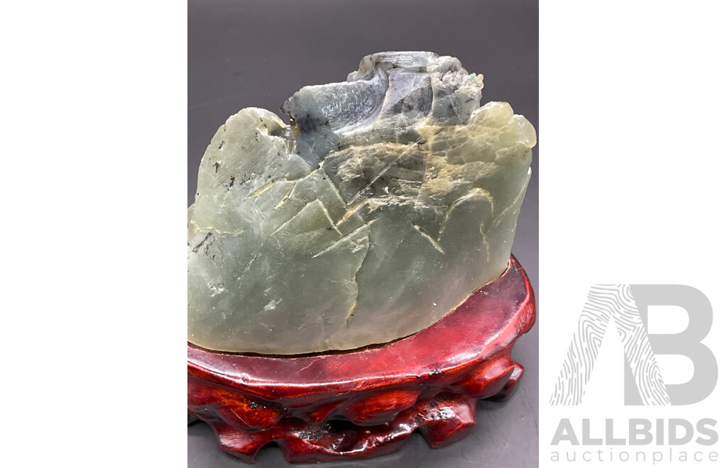 Chinese Hetian Jade Carved Landscape on Timber Stand with Certificate