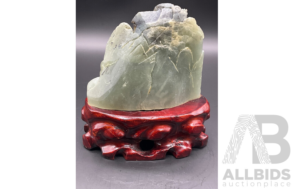Chinese Hetian Jade Carved Landscape on Timber Stand with Certificate