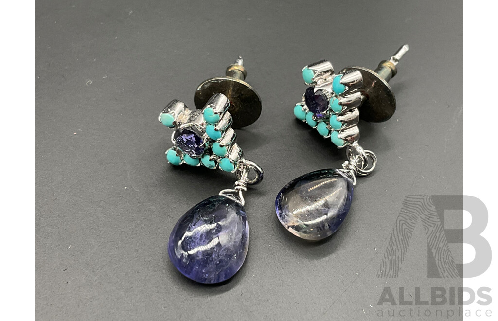 Turquoise and Iolite Teardrop Stones Necklace, Ring & Earring Set