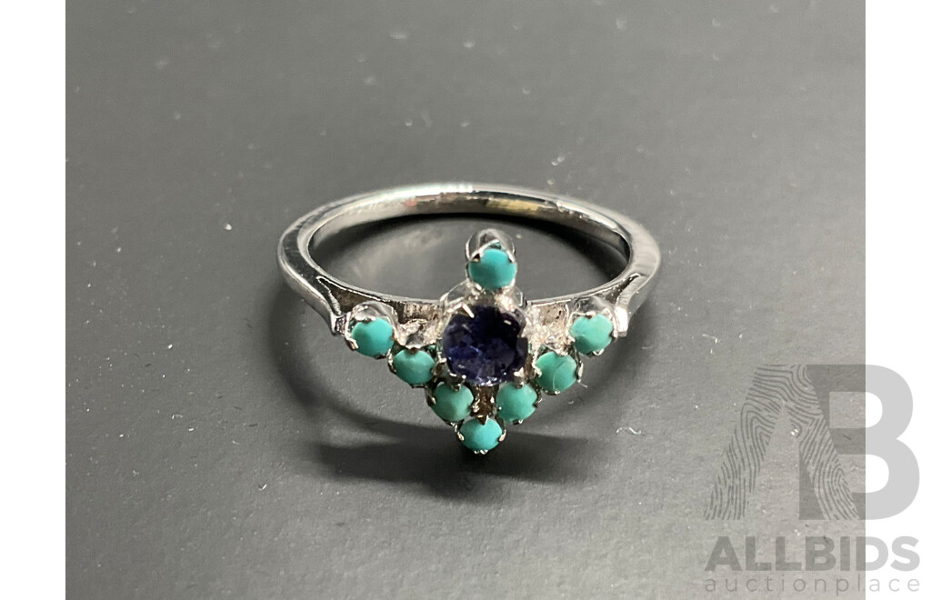 Turquoise and Iolite Teardrop Stones Necklace, Ring & Earring Set