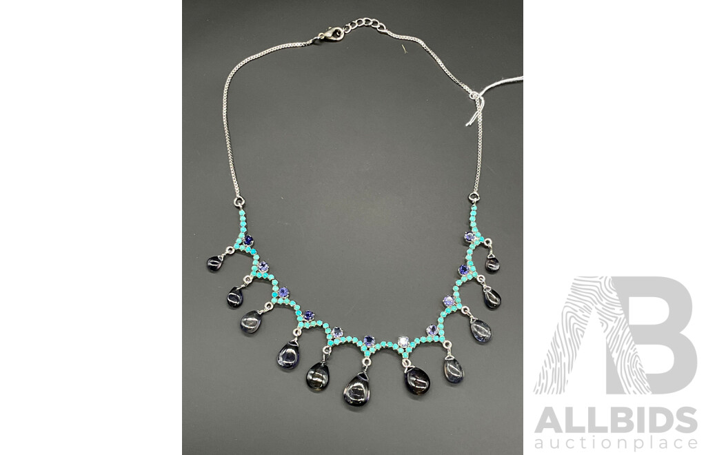 Turquoise and Iolite Teardrop Stones Necklace, Ring & Earring Set