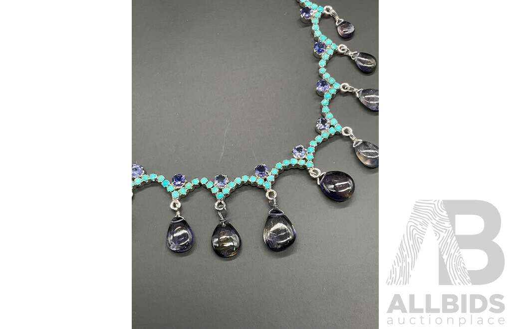 Turquoise and Iolite Teardrop Stones Necklace, Ring & Earring Set