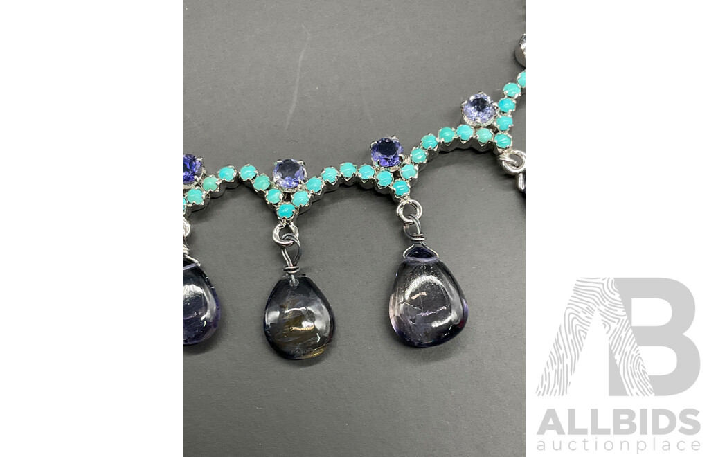 Turquoise and Iolite Teardrop Stones Necklace, Ring & Earring Set