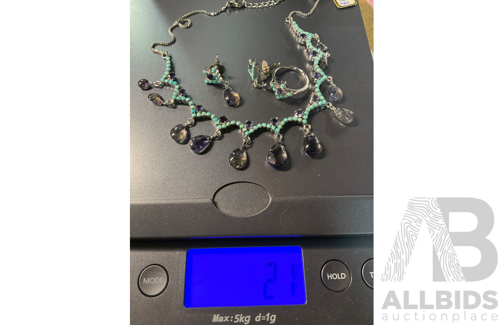 Turquoise and Iolite Teardrop Stones Necklace, Ring & Earring Set