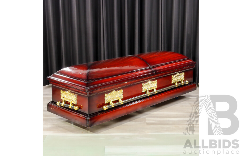 Mahogany Fabric Lined Coffin with Two Opening Lids