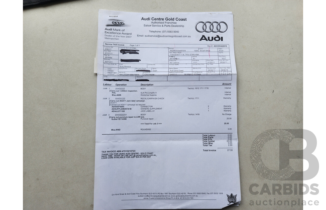 6/2011 Audi A1 1.4 TFSI Attraction 8X 3d Hatchback White 1.4L