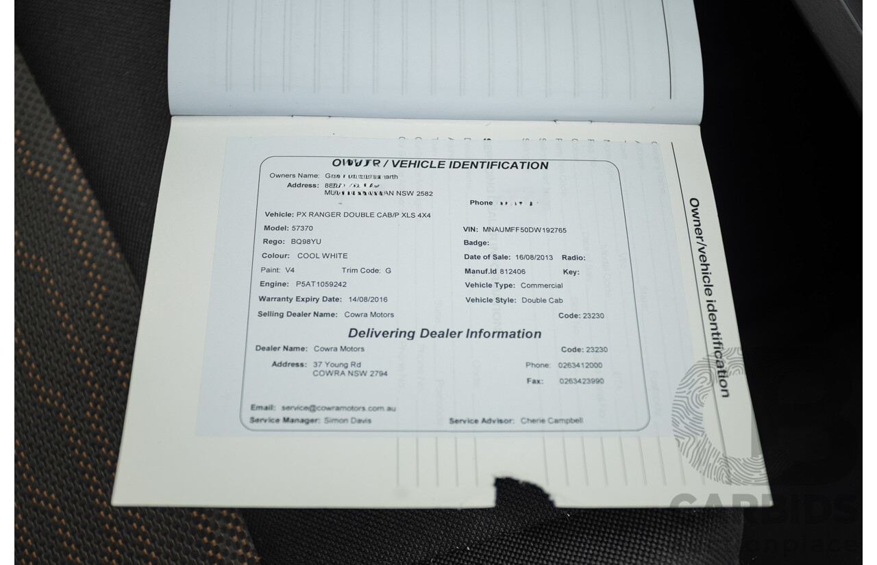 6/2013 Ford Ranger XLS (4x4) PX Dual Cab Utility White Turbo Diesel 3.2L