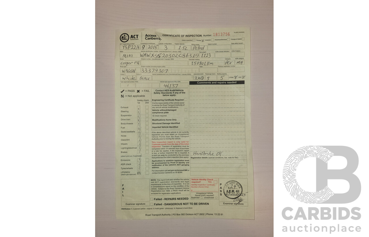 9/2015 Mini Cooper F55 5D Hatchback Pepper White Turbo 1.5L