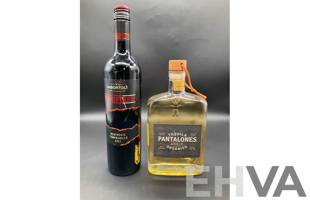 PANTALONES Tequila 750ml, DeBORTLI Woodfired Heathcote Tempranillo Wine 750ml - Lot of 2