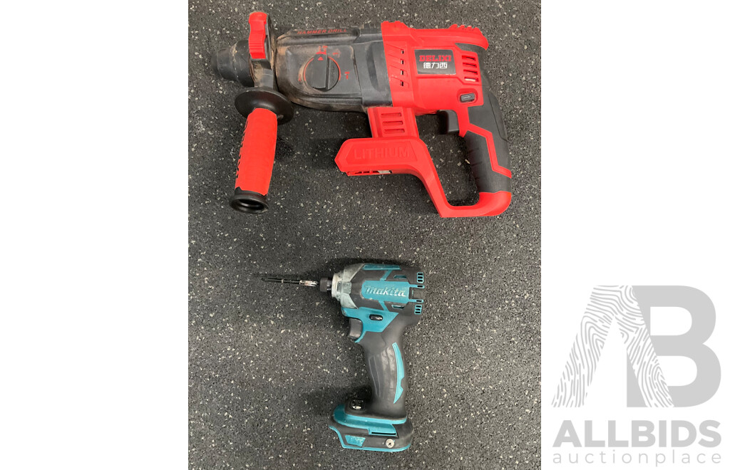 MAKITA 18V Brushless Impact Driver (DTD148) Skin Only and DELIXI Cordless Rotary Hammer Drill Skin Only - Lot of 2
