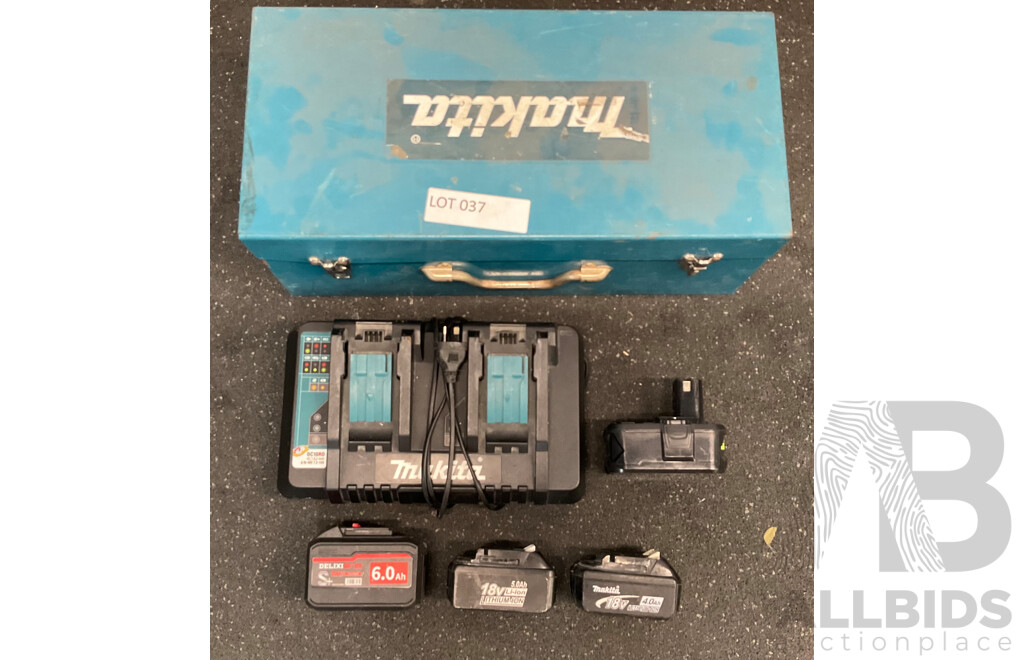 MAKITA 18V Dual Port Rapid Charger (DC18RD), MAKITA Storage Metal Case and Assorted Batteries (DELIXI, MAKITA and Others) - Lot of 6