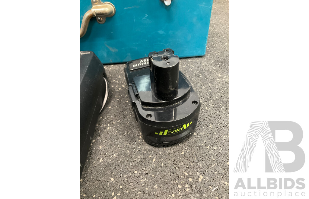 MAKITA 18V Dual Port Rapid Charger (DC18RD), MAKITA Storage Metal Case and Assorted Batteries (DELIXI, MAKITA and Others) - Lot of 6