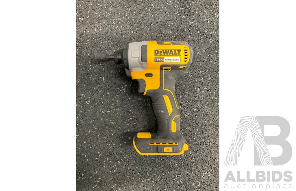 DeWALT 18V XR Brushless Impact Driver (DCF787), 1.5Ah Battery (x2), 12V/18V Battery Charger (DCB1102) and TROJAN 8m Steel Blade Tape Measure - Lot of 5