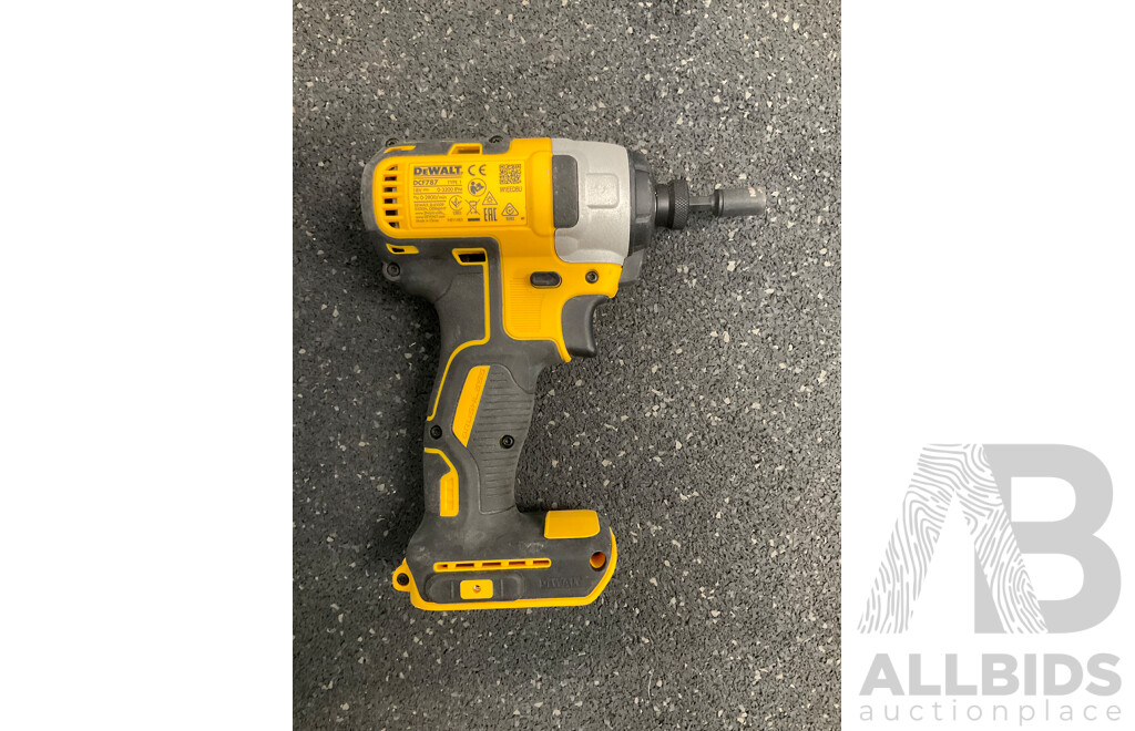 DeWALT 18V XR Brushless Impact Driver (DCF787), 1.5Ah Battery (x2), 12V/18V Battery Charger (DCB1102) and TROJAN 8m Steel Blade Tape Measure - Lot of 5