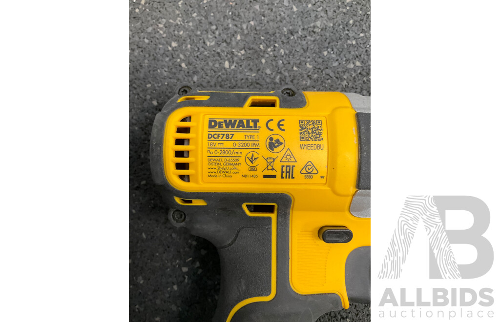DeWALT 18V XR Brushless Impact Driver (DCF787), 1.5Ah Battery (x2), 12V/18V Battery Charger (DCB1102) and TROJAN 8m Steel Blade Tape Measure - Lot of 5