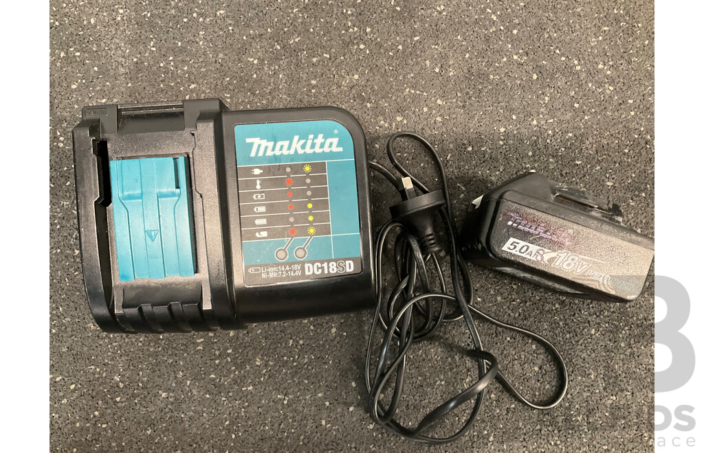 MAKITA 18V LXT Brushless Set - Hammer Drill Driver (DHP485) , Impact Driver (DTD153), Battery Charger (DC18SD) and 5.0Ah Battery - Lot of 4