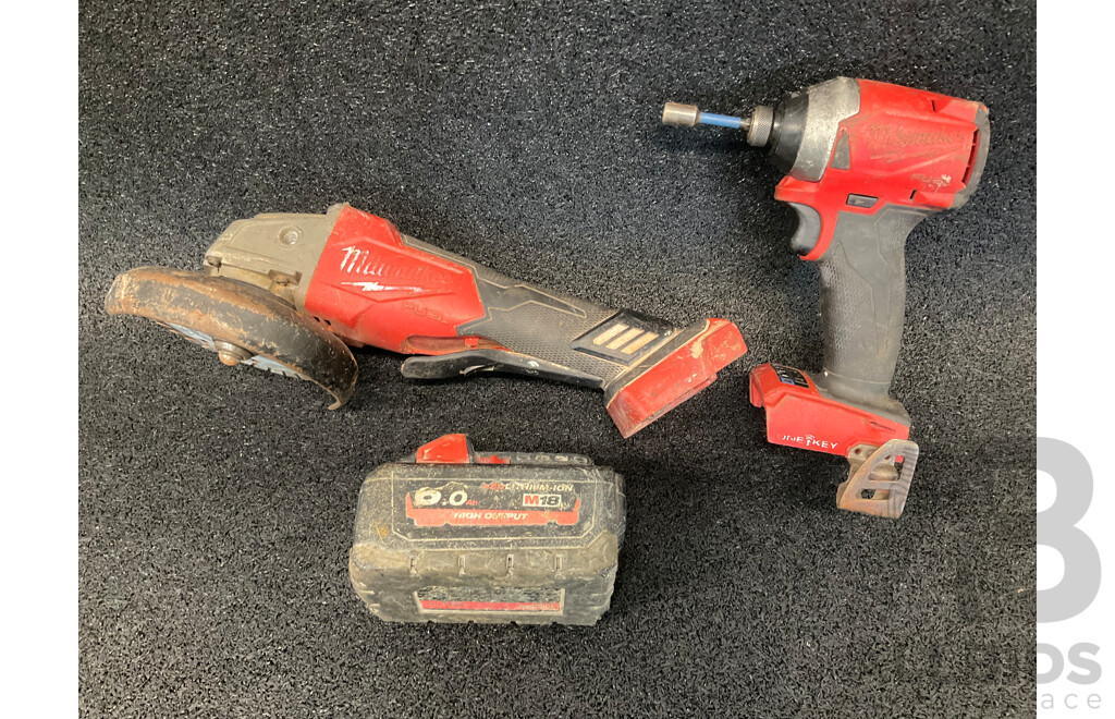 MILWAUKEE M18 FUEL 18V Angle Grinder, Impact Driver and 6.0Ah Battery - Lot of 3