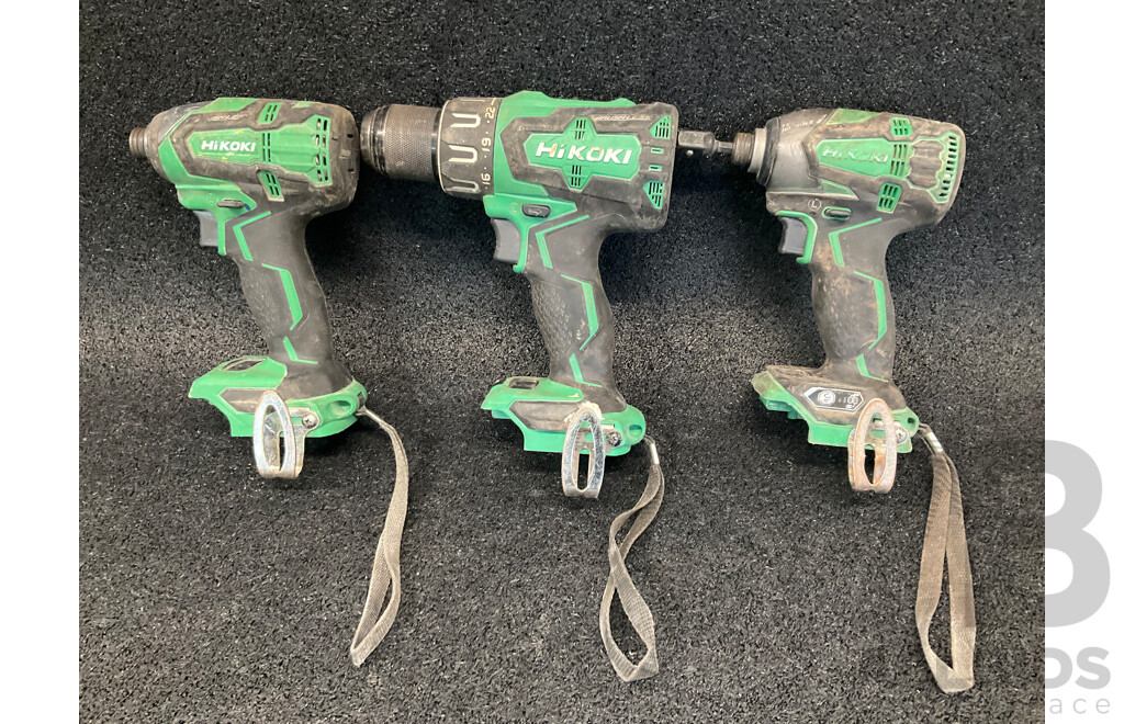 HIKOKI 18V Impact Driver (WH 18DBSL), Impact Driver Drill (DV18DBSL) and Impact Driver (WH 18DBDL2) - Lot of 3