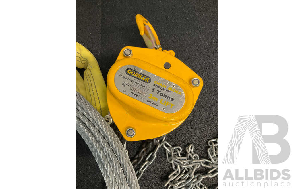 Various Pieces of Lifting Equipment, Including GORILLA Chain Block, Winch Cables and Lifting Slings - Lot of 5