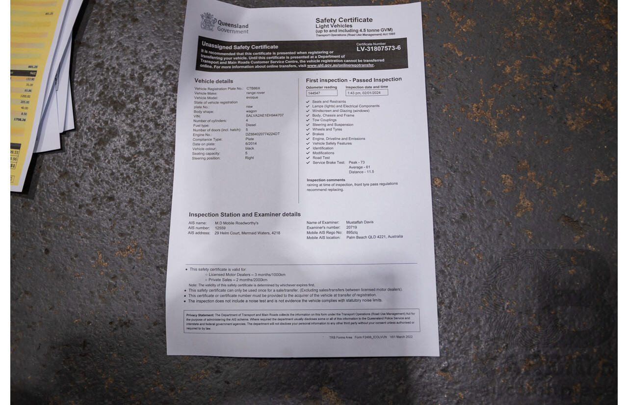 06/2014 Range Rover Evoque SD4 PURE (AWD) LV MY14 5D Wagon Santorini Black Turbo Diesel 2.2L