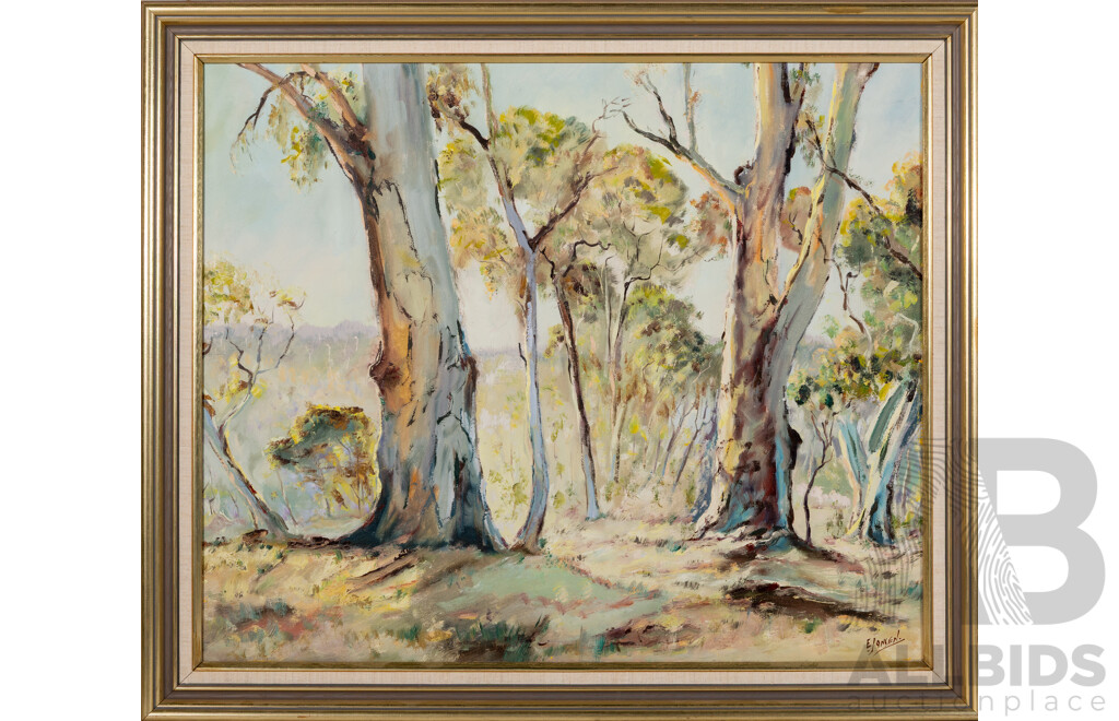 Emile Jansen, (20th Century, Australian, 1936-), Gum Trees, Wonderful Original Vintage Oil on Canvas Board, 60 X 70 Cm (frame)