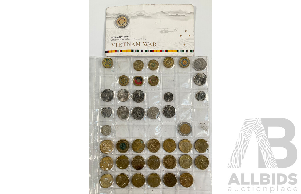 Collection of Australian Commemorative One and Two Dollar Coins Including 2023 Vietnam 50th Anniversary End, 2021 Aboriginal Flag, 2017 Remembrance, 2019 Mr Squiggle, 2020 Donation Dollar, 2022 Dinosaurs, 2004 WW2 Peace with Some International Coins