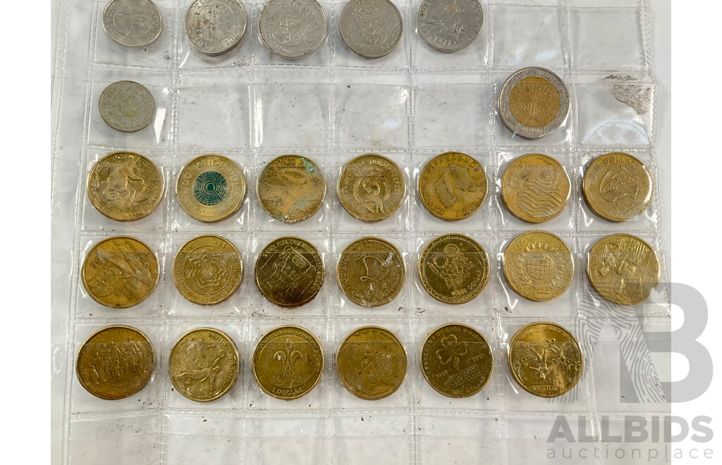 Collection of Australian Commemorative One and Two Dollar Coins Including 2023 Vietnam 50th Anniversary End, 2021 Aboriginal Flag, 2017 Remembrance, 2019 Mr Squiggle, 2020 Donation Dollar, 2022 Dinosaurs, 2004 WW2 Peace with Some International Coins