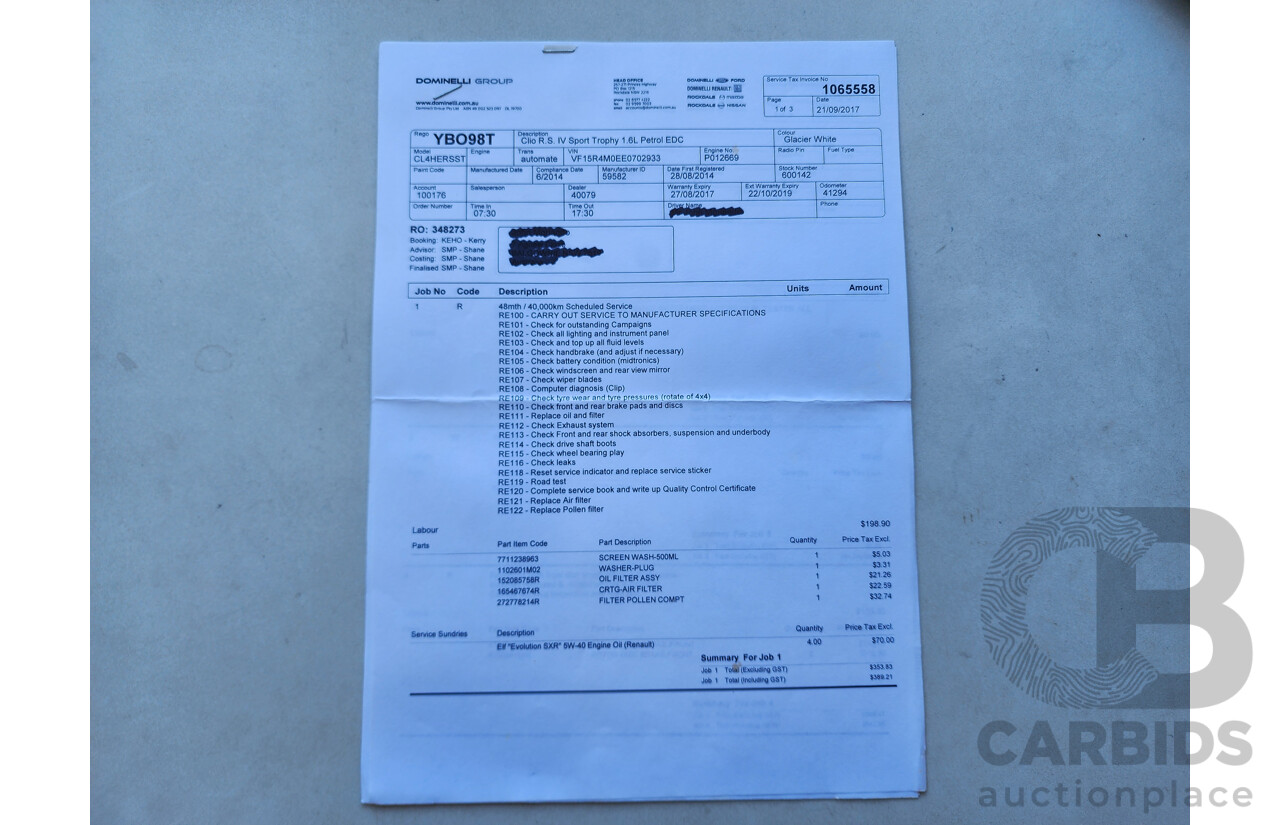 6/2014 Renault Clio RS 200 Sport Trophy X98 5d Hatchback White 1.6L