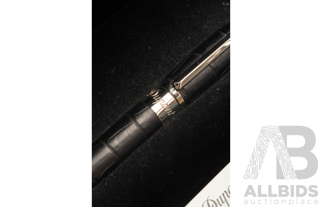 S.T. Dupont Alligator Noir Fountain Pen with Palladium Finishes and 18K Gold Nib, Complete Set