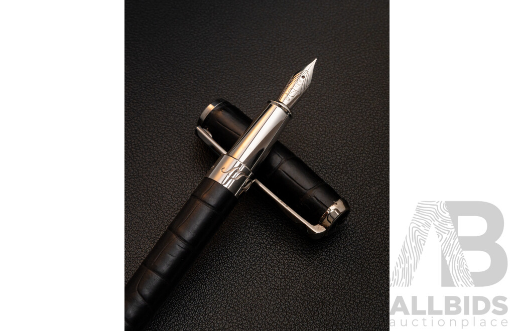 S.T. Dupont Alligator Noir Fountain Pen with Palladium Finishes and 18K Gold Nib, Complete Set