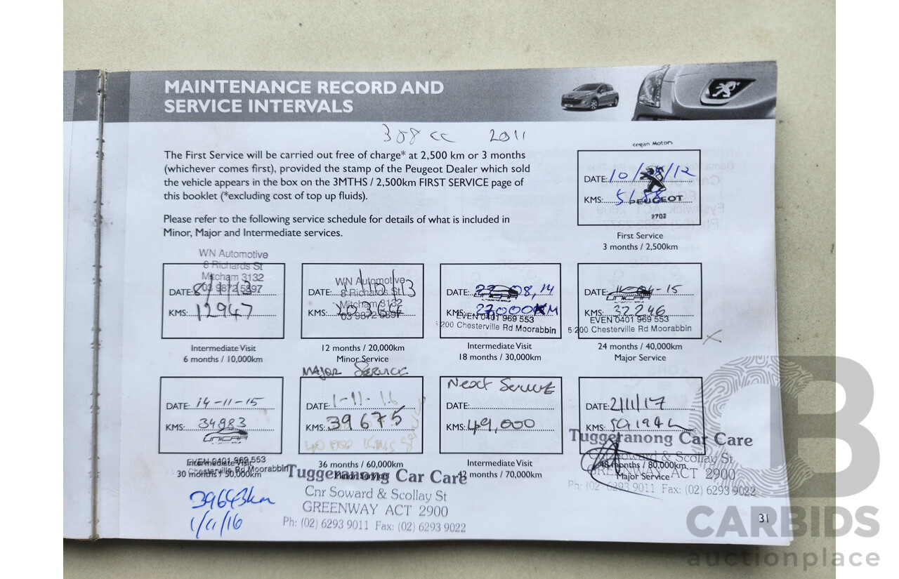 10/2011 Peugeot 308 CC  2d Cabriolet Silver 1.6L