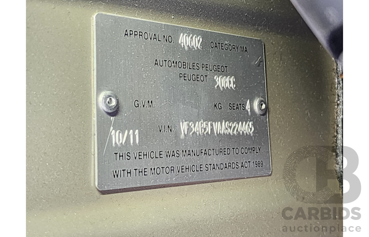 10/2011 Peugeot 308 CC  2d Cabriolet Silver 1.6L