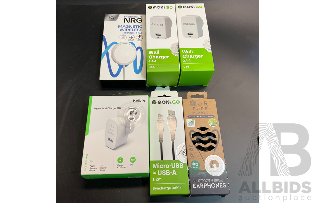 Assorted Belkin, NokiGo,NGR Charger and Cable with Our Pure Planet Earphones - Lot of 6