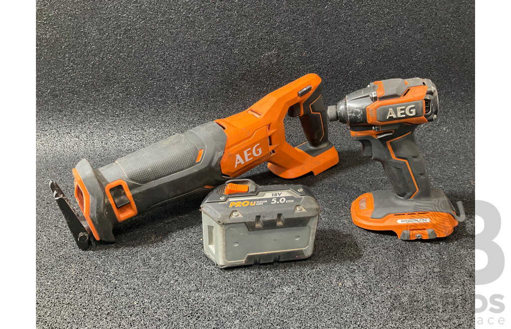 AEG 18V Reciprocating Saw (A18RS) and Impact Driver (BSS18SBL) with 5.0Ah Battery - Lot of 3