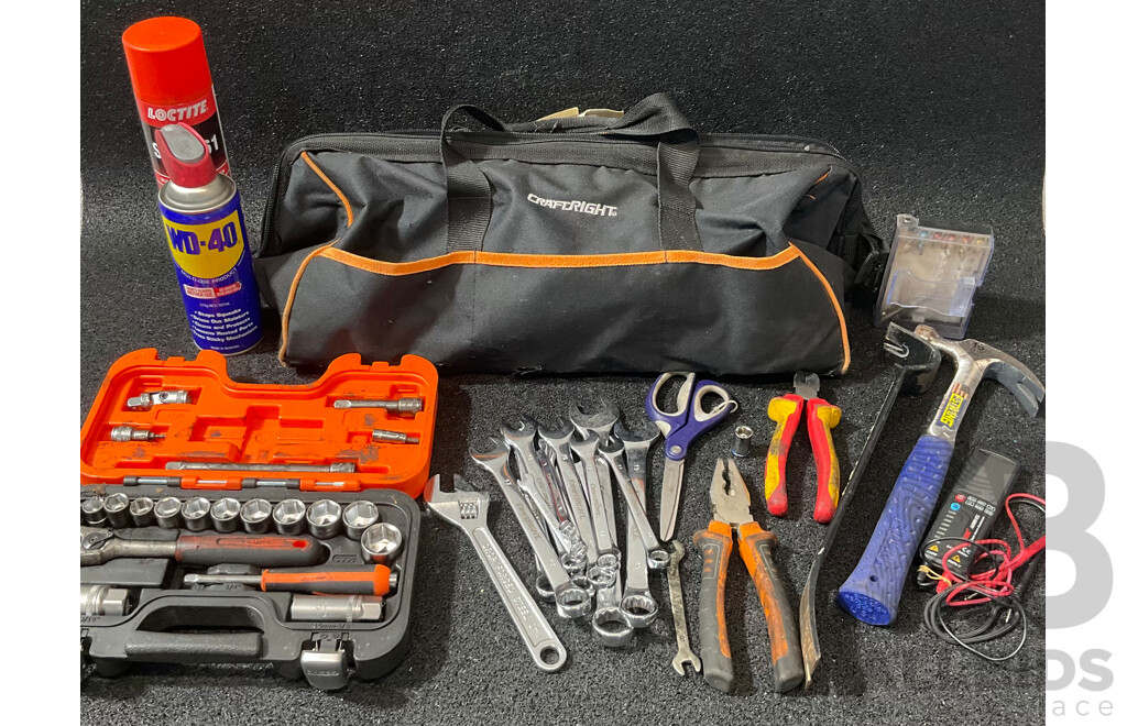 Assorted Tools, Including CraftRight Tools Bag, BAHCO Socket Set, BSIDE Smart Multimeter (ADMS51CL)and More