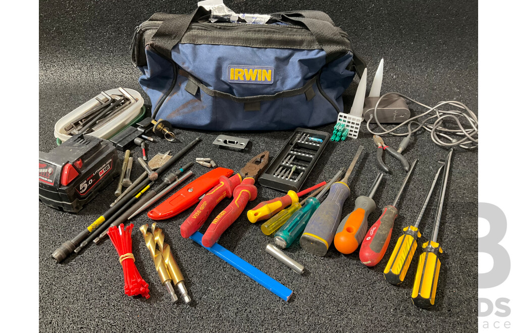 IRWIN Tool Bag with Assorted Tools and MILWAUKEE 5.0Ah Battery