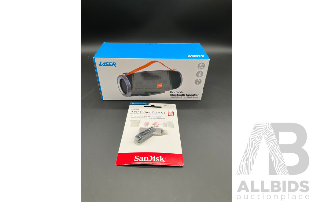 LASER Portable Bluetooth Speaker and SanDisk IXPand Flash Drive Go (128GB) - Lot of 2