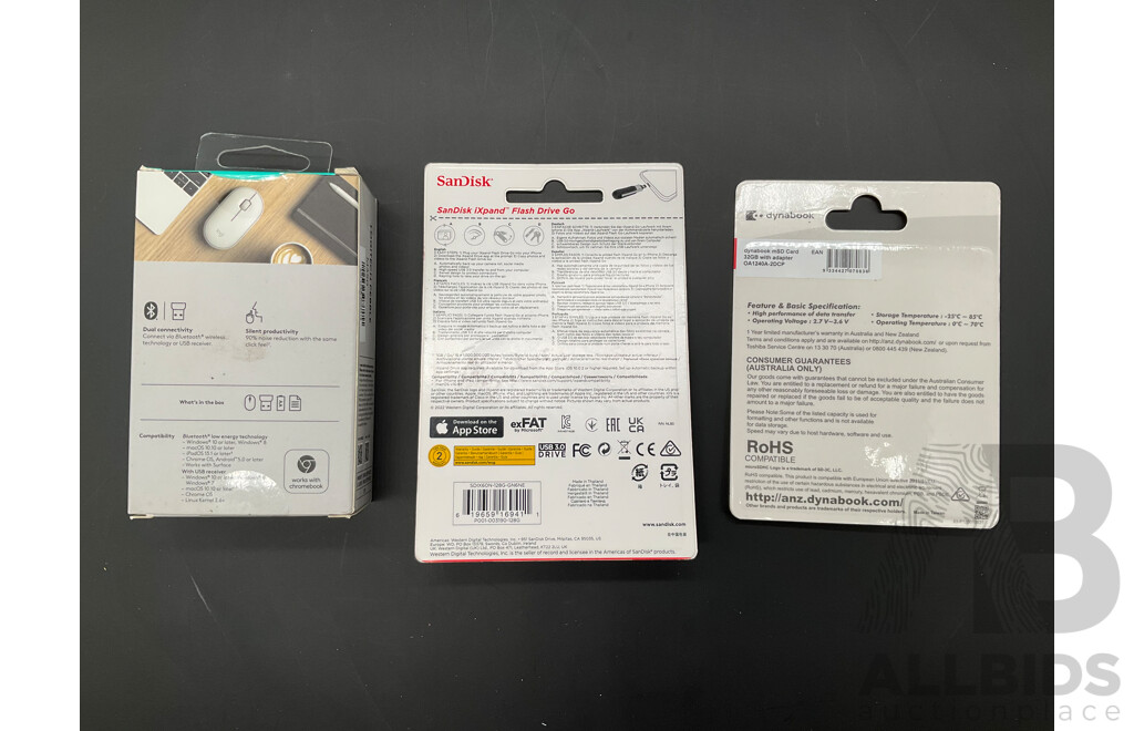 LOGITECH Pebble M350 Mouse, DYNABOOK 32GB MicroSDHC UHS-I Card with Adapter and SanDisk IXPand Flash Drive Go (128GB) - Lot of 3