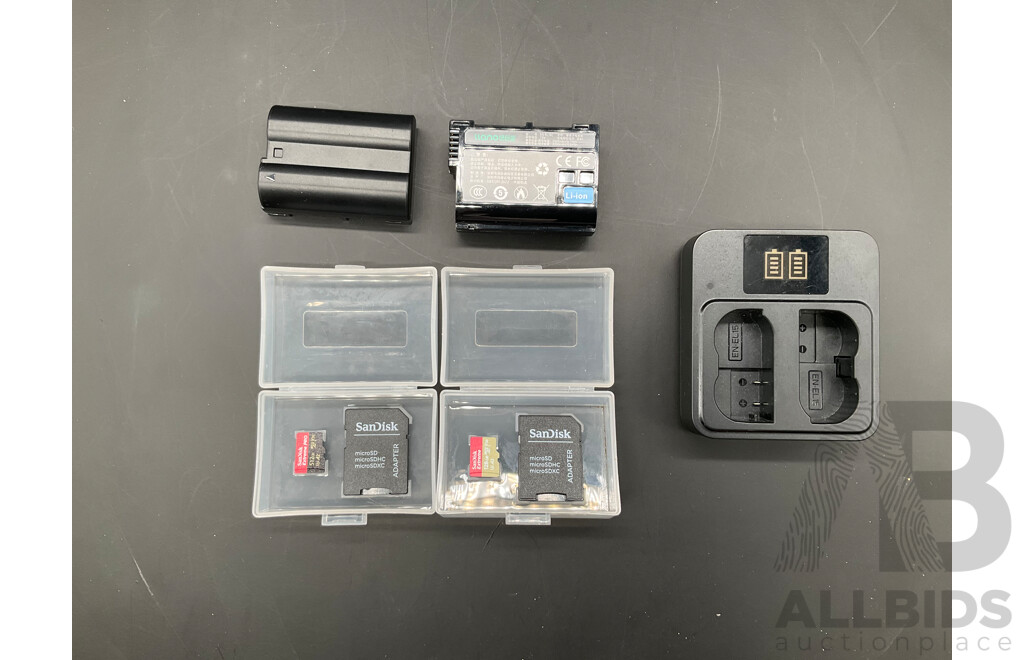 SanDisk Extreme 128GB and Extreme Pro 512GB Micro Memory Cards and LLANO 2- Pack Battery (EN-EL15C) for Nikon Cameras with Battery Charger - Lot of 5