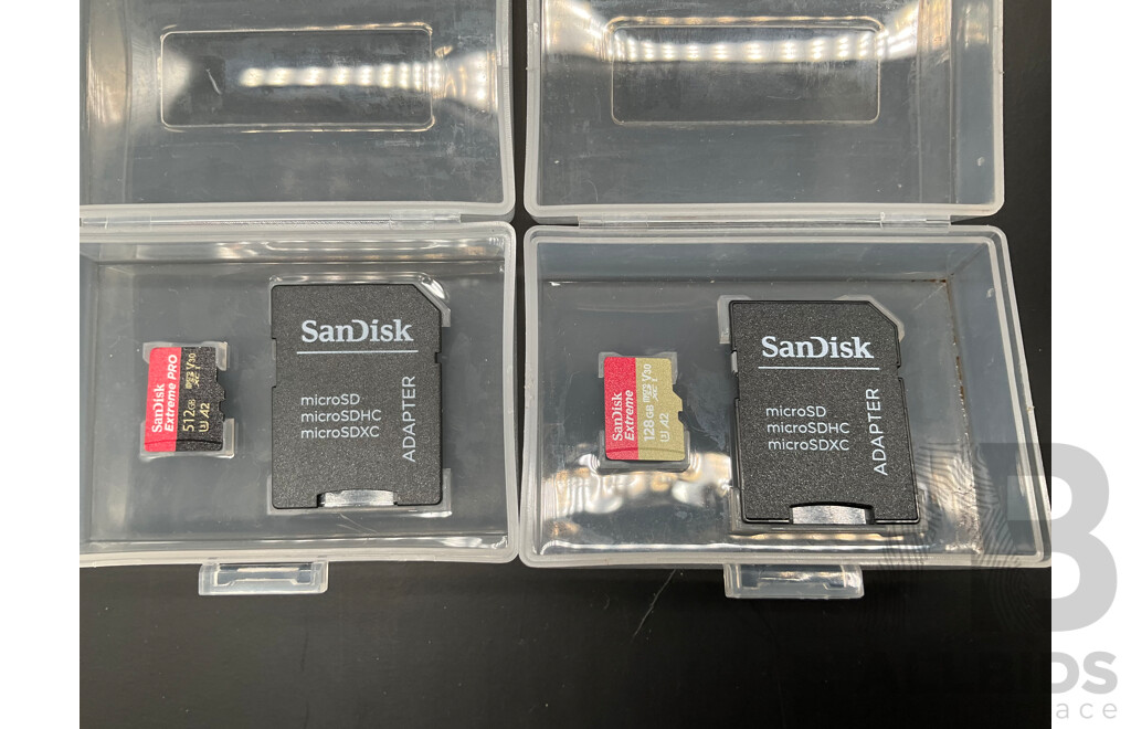 SanDisk Extreme 128GB and Extreme Pro 512GB Micro Memory Cards and LLANO 2- Pack Battery (EN-EL15C) for Nikon Cameras with Battery Charger - Lot of 5