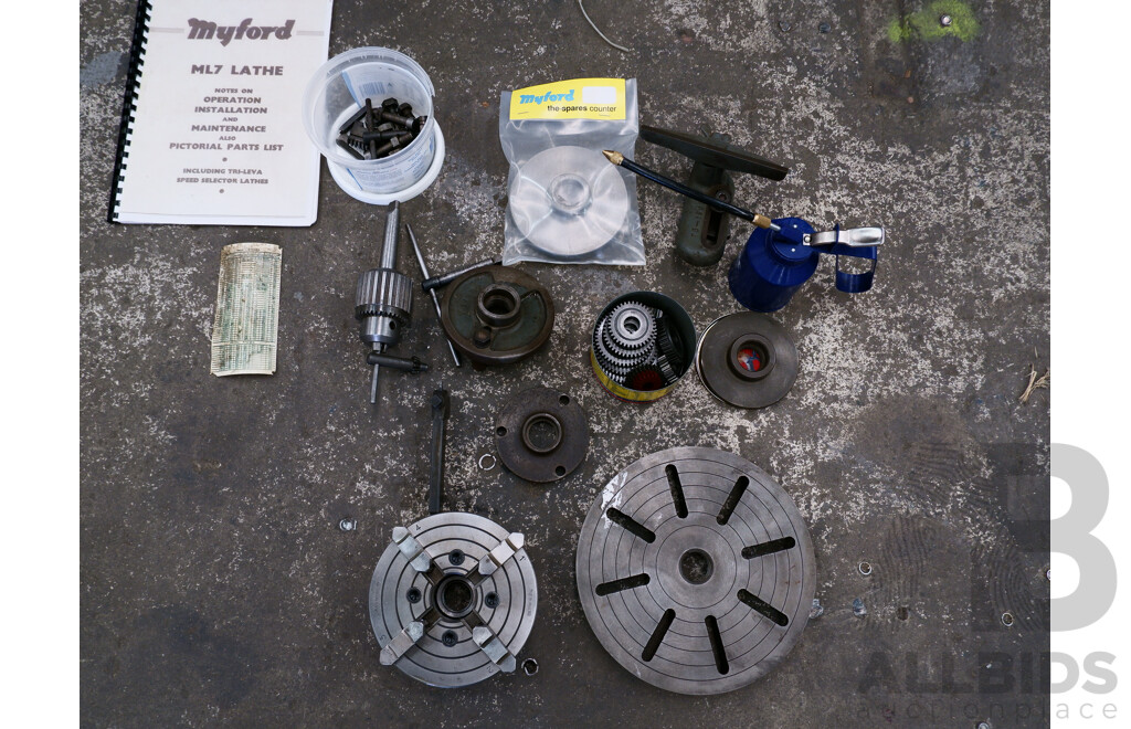 Circa 1940, Myford ML7 Lathe with Workbench & Accessories